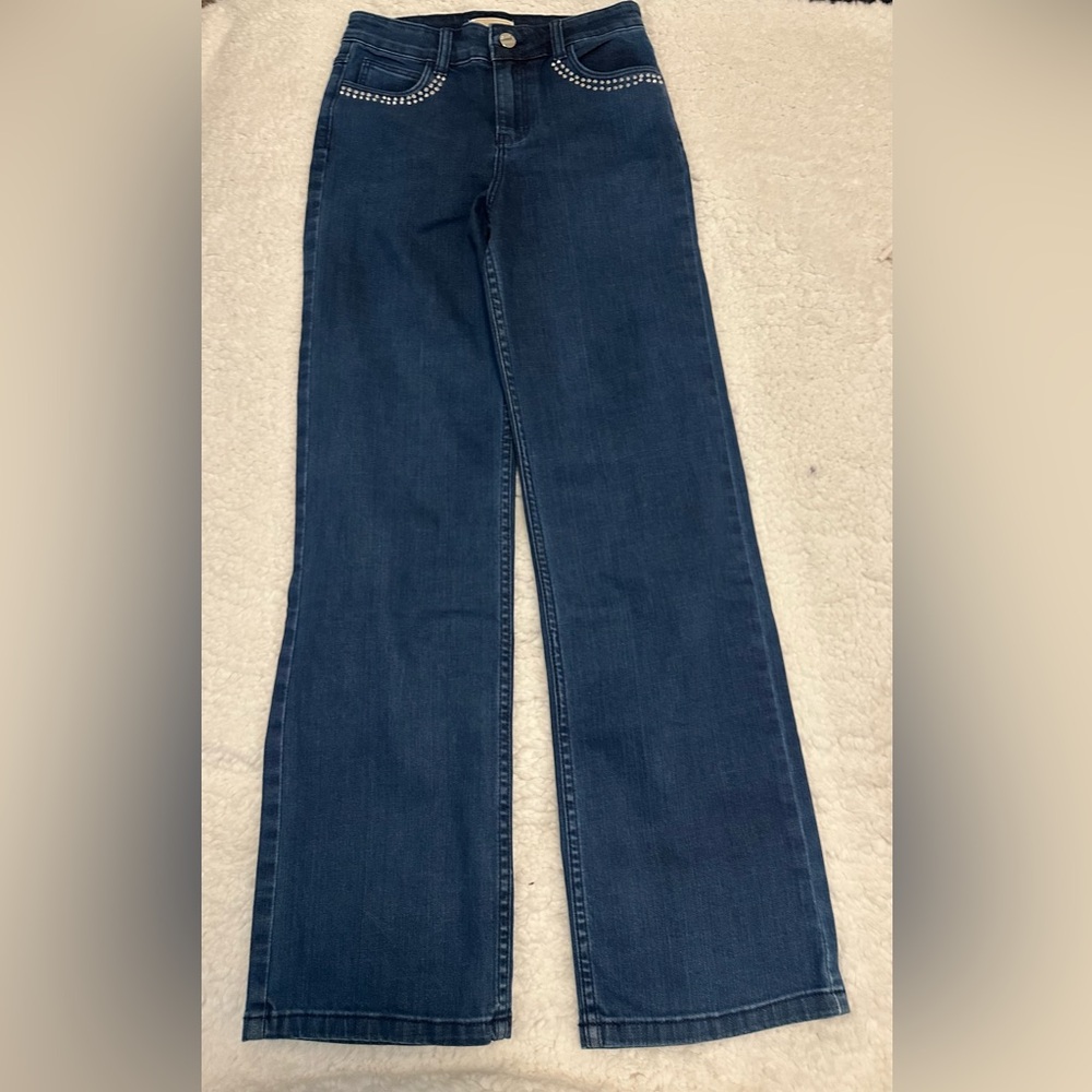 Michael Kors Dark Blue Flare Jeans With Embellished Front Pockets